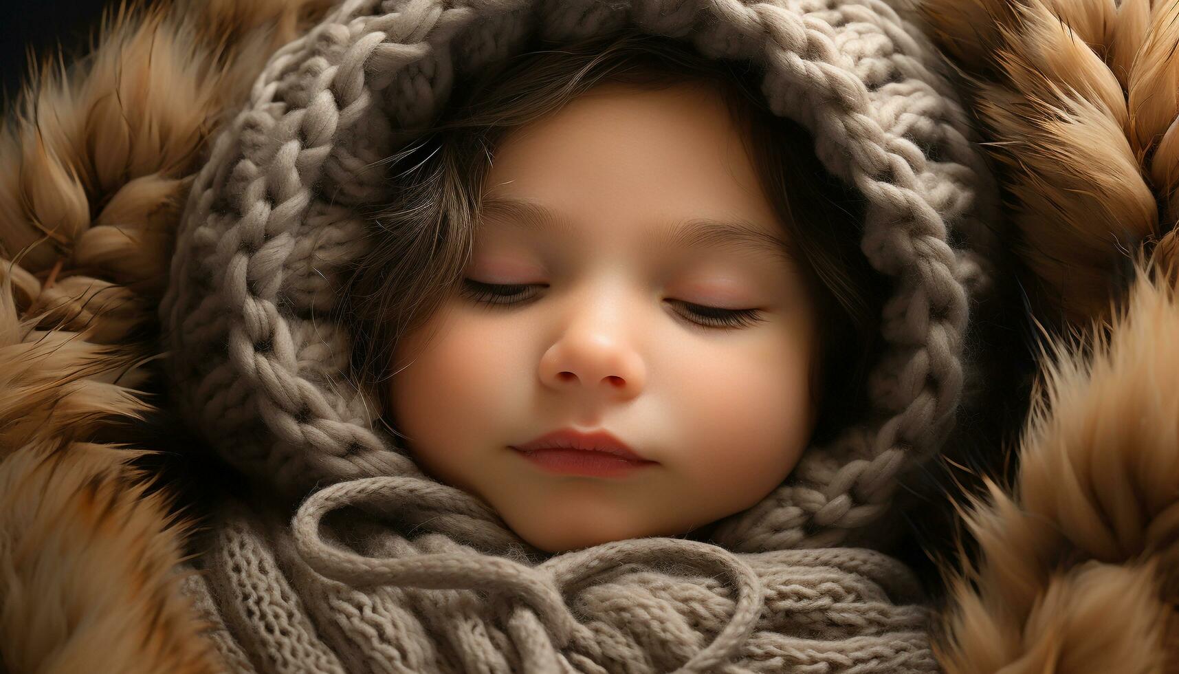 Cute Caucasian child in winter portrait, wearing warm fur clothing generated by AI photo