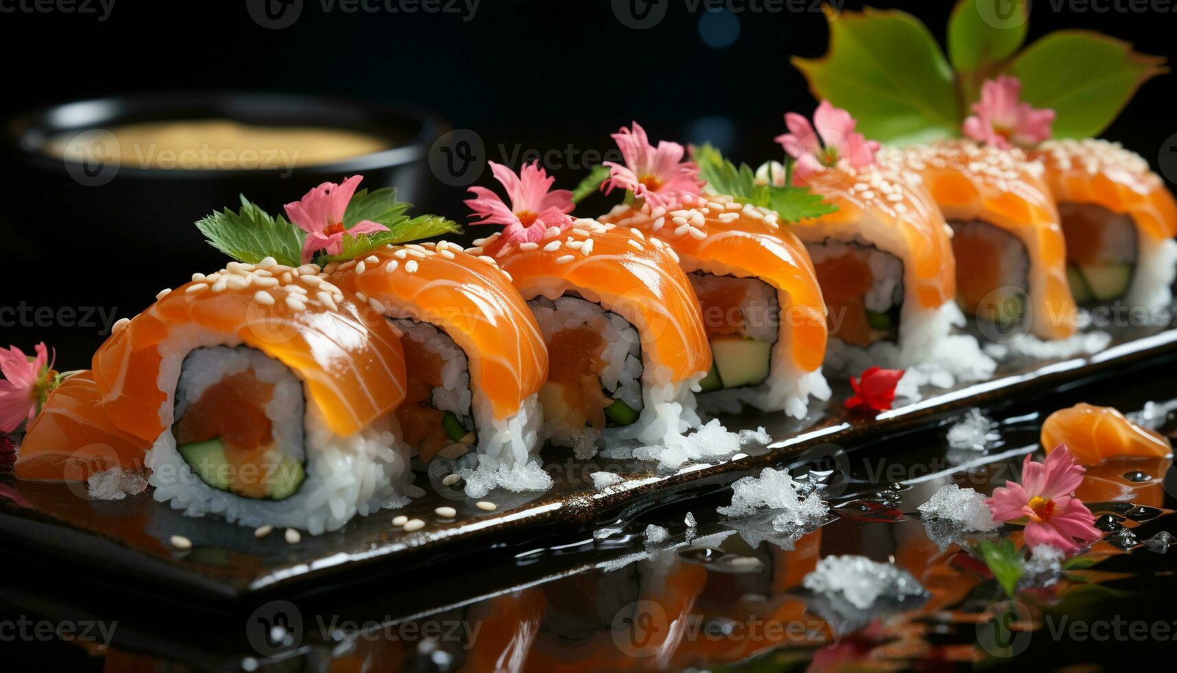 frescura y culturas arrollado arriba en un plato de maki Sushi generado por ai foto