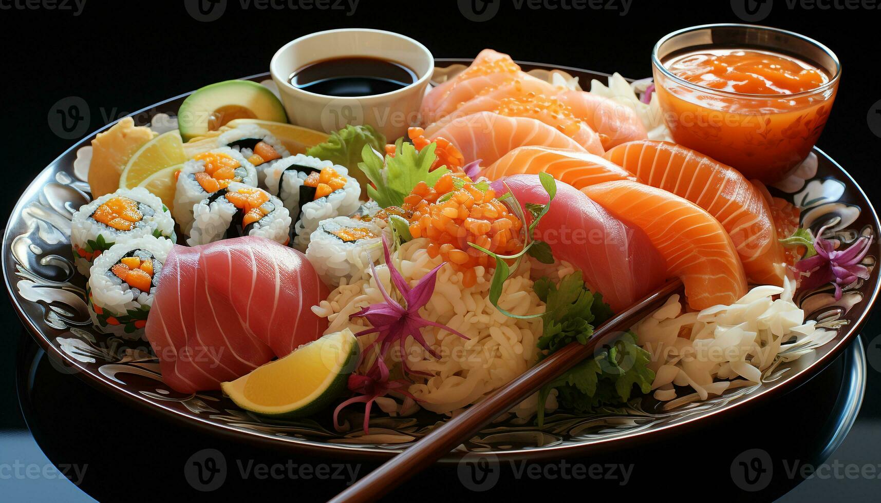 frescura de mariscos, arroz y vegetales crear un sano japonés comida generado por ai foto