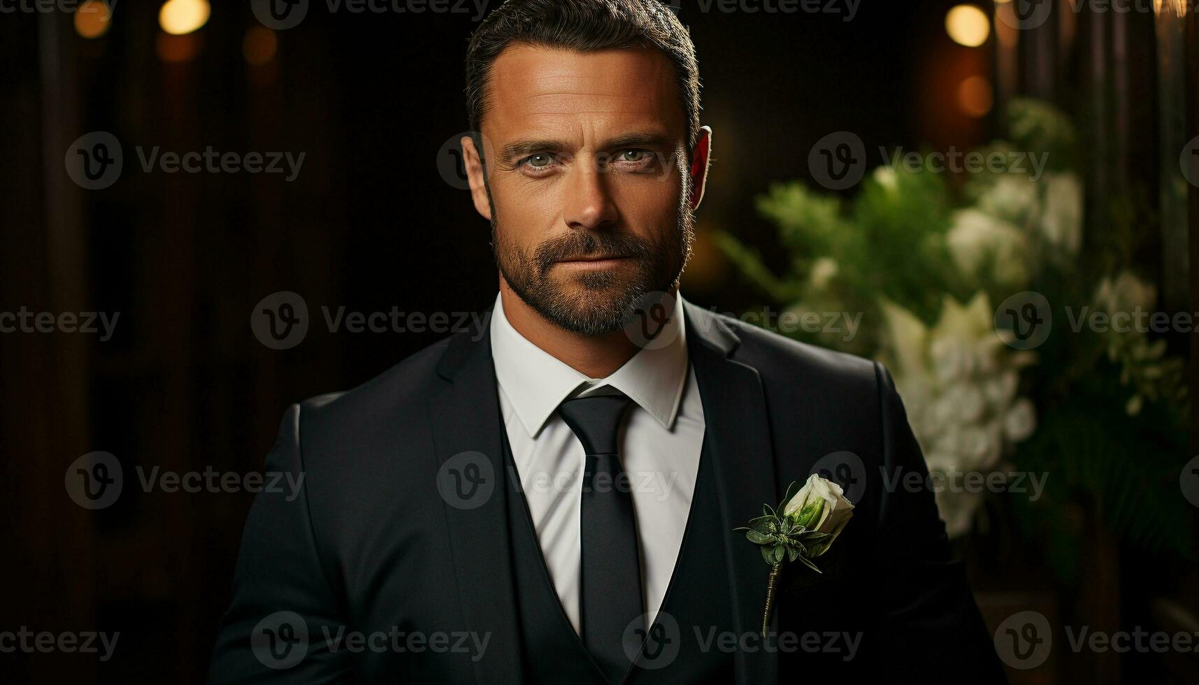 Confident businessman in a suit, looking at camera with elegance generated by AI photo
