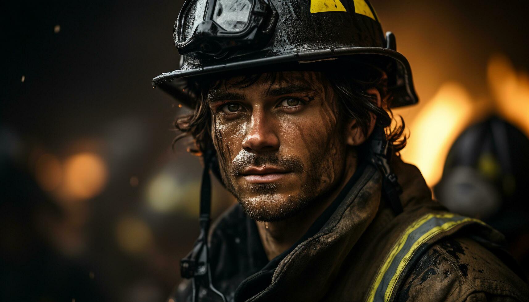 A confident firefighter in protective workwear looking at the camera generated by AI photo