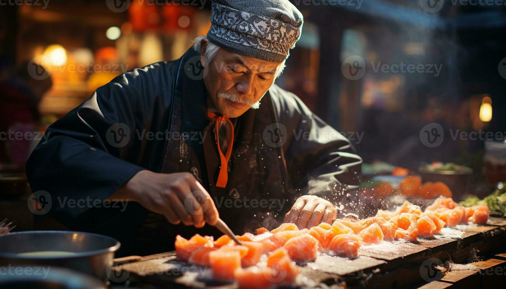 A senior Japanese chef expertly prepares fresh seafood indoors generated by AI photo