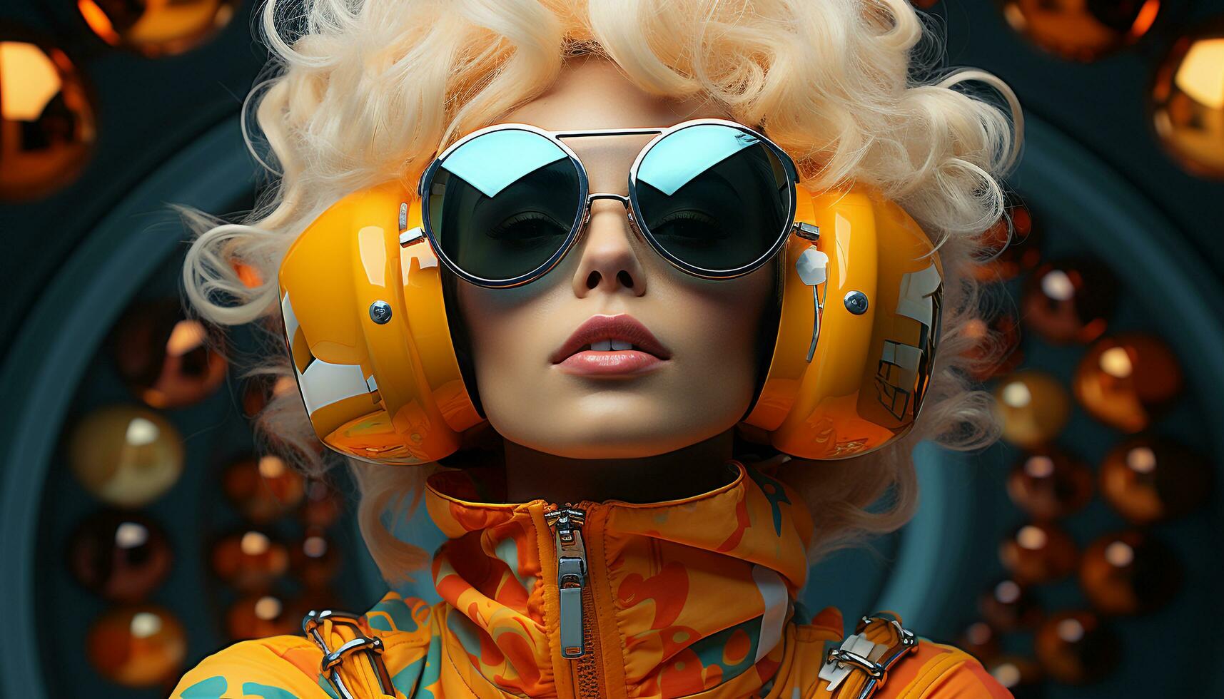 Fashionable woman in sunglasses and wig, enjoying a nightclub party generated by AI photo