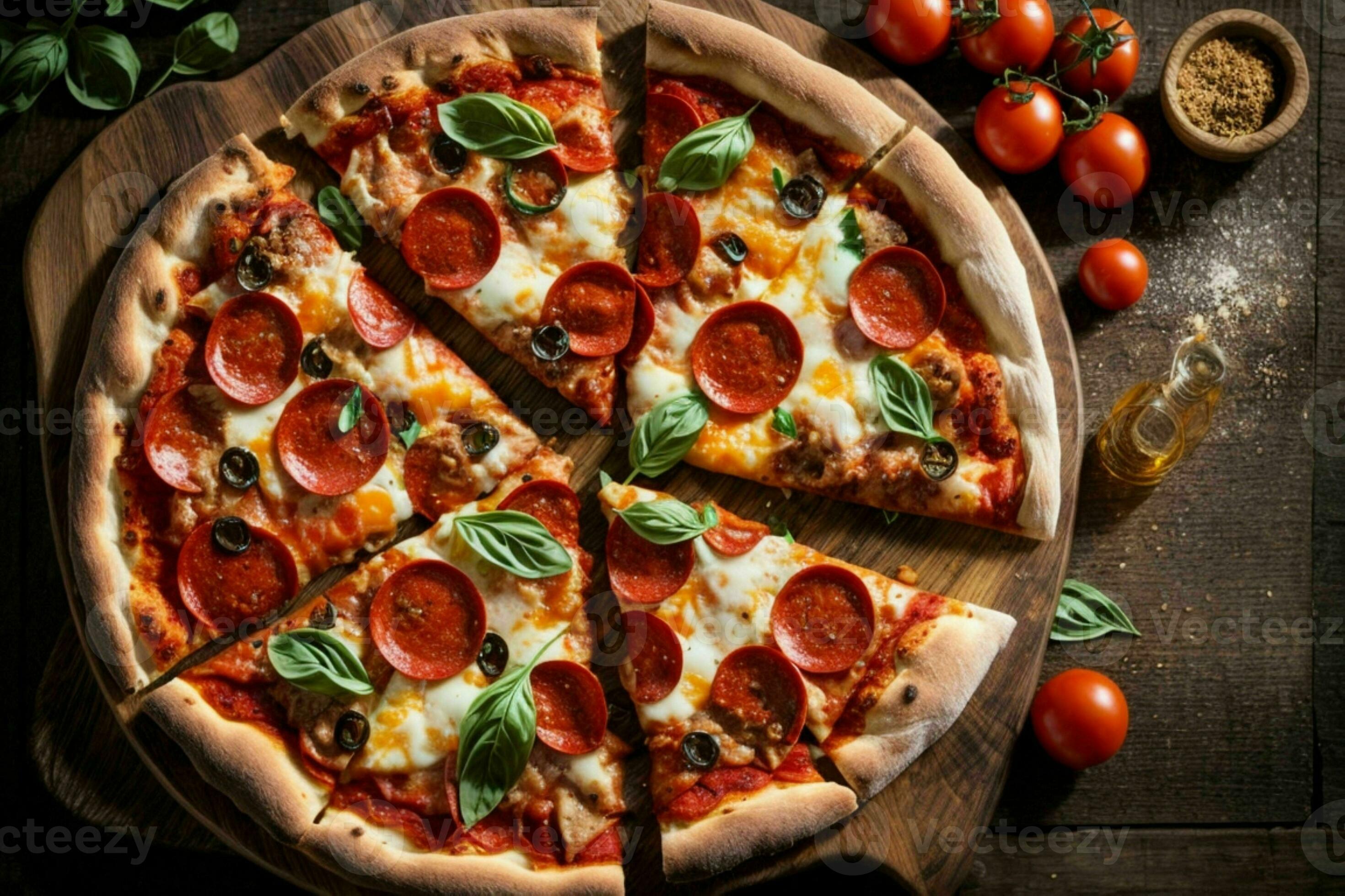 Delicious pizza with mozzarella on a chocolate wooden board on a table