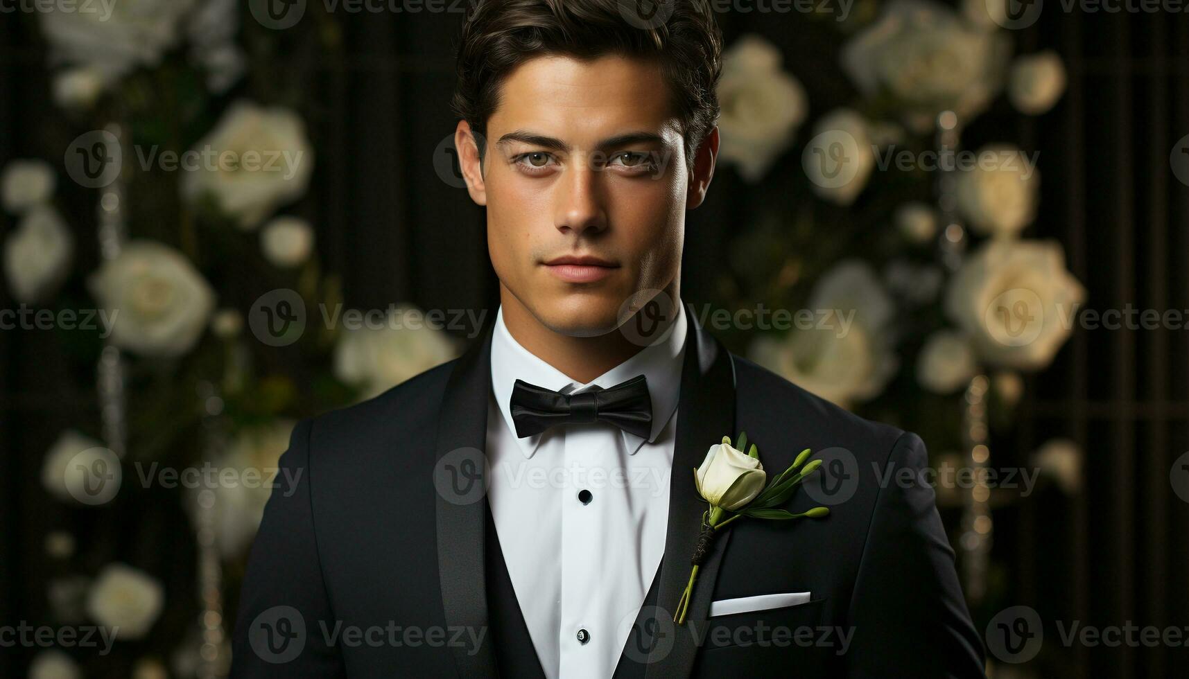 Handsome groom in suit holds bouquet, smiling at beautiful bride generated by AI photo