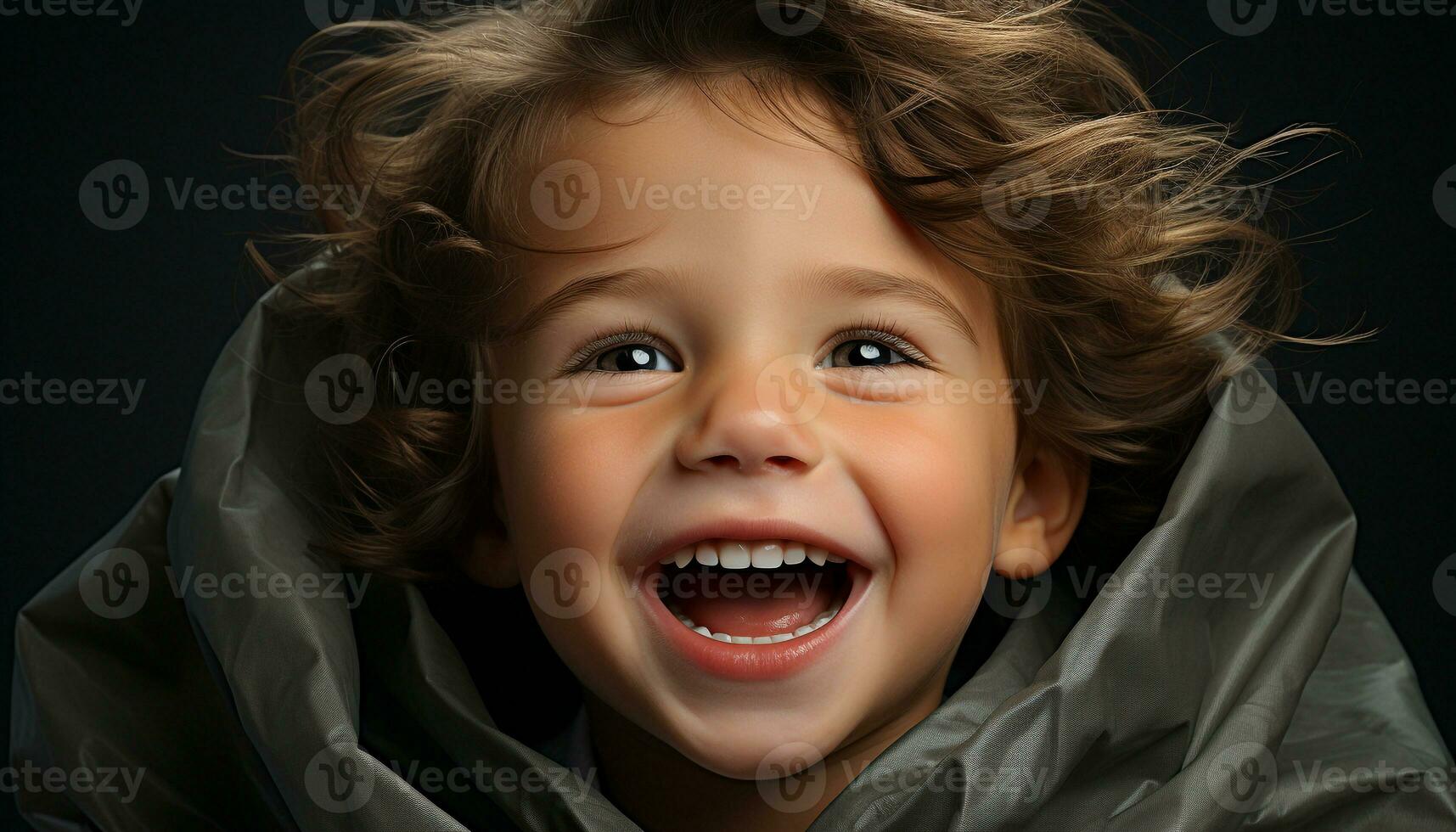 A cute, cheerful child with a toothy smile, looking at camera generated by AI photo