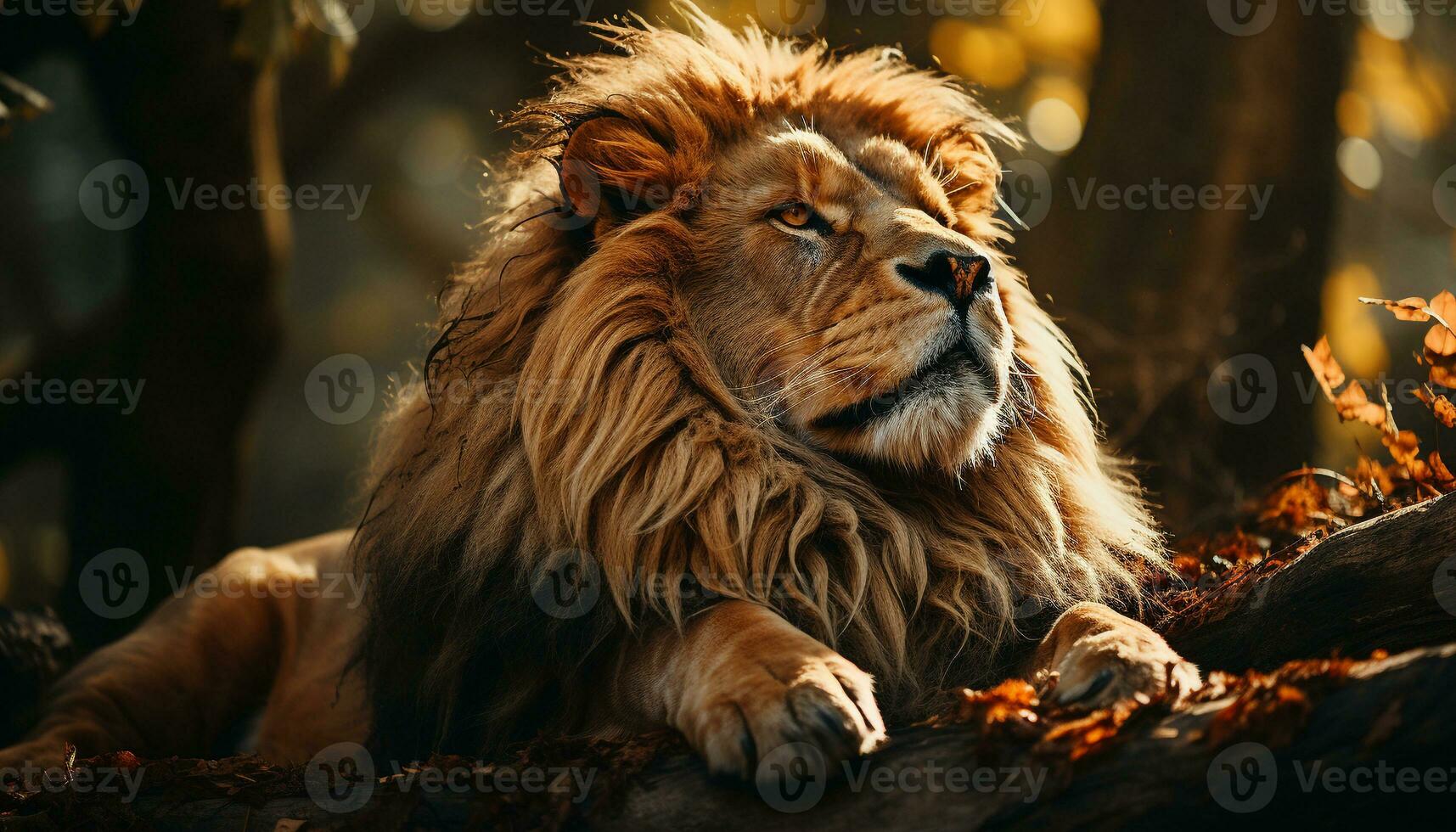 Majestic lion resting in the savannah, hiding strength in nature generated by AI photo