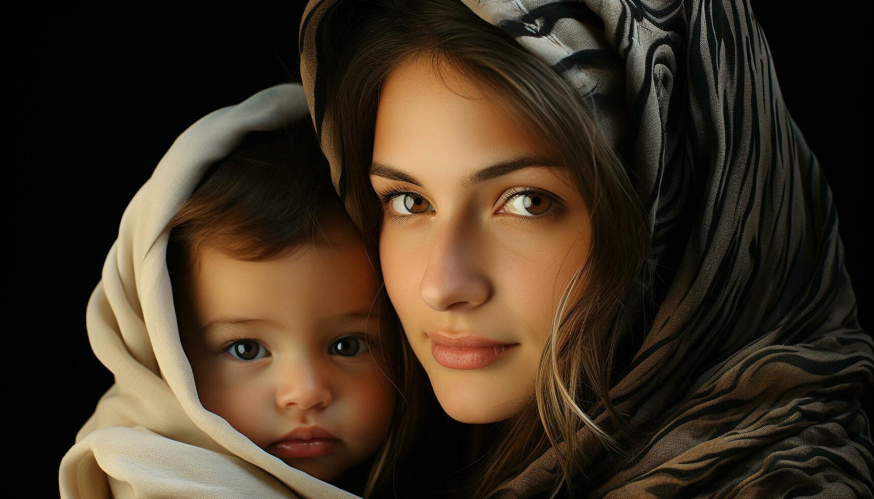 Smiling mother embraces cute child, radiating love and happiness generated by AI photo