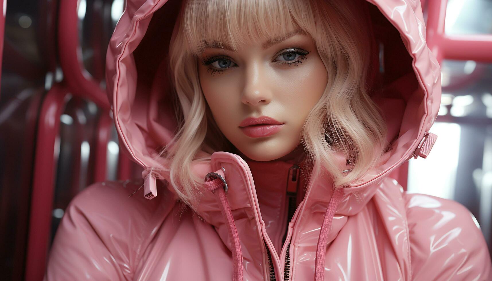 Beautiful young woman in a stylish jacket, looking at the camera generated by AI photo