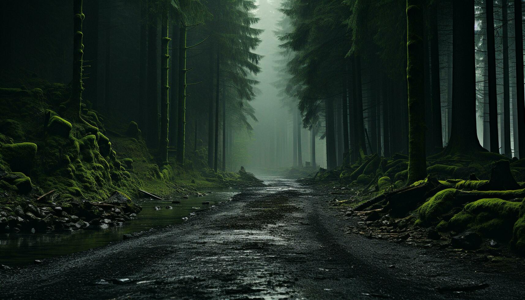 Mysterious fog veils dark forest, wet leaves, tranquil beauty in nature generated by AI photo
