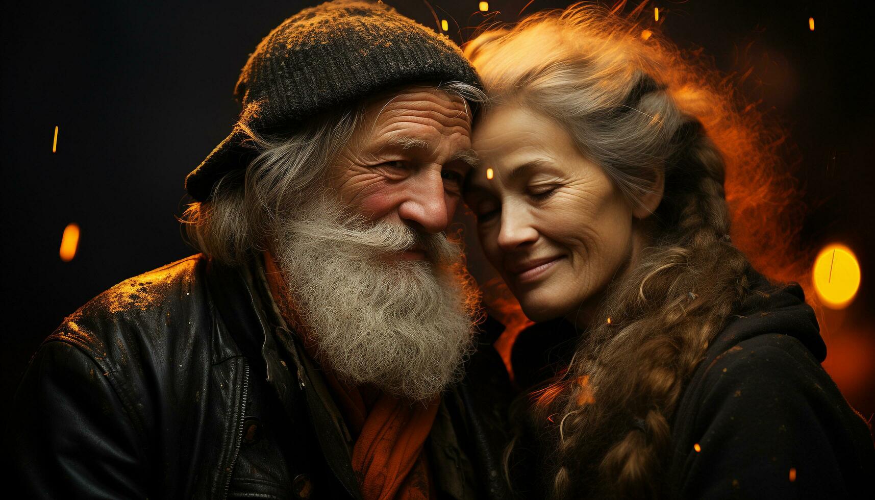 A joyful couple embracing, smiling, celebrating love in winter night generated by AI photo