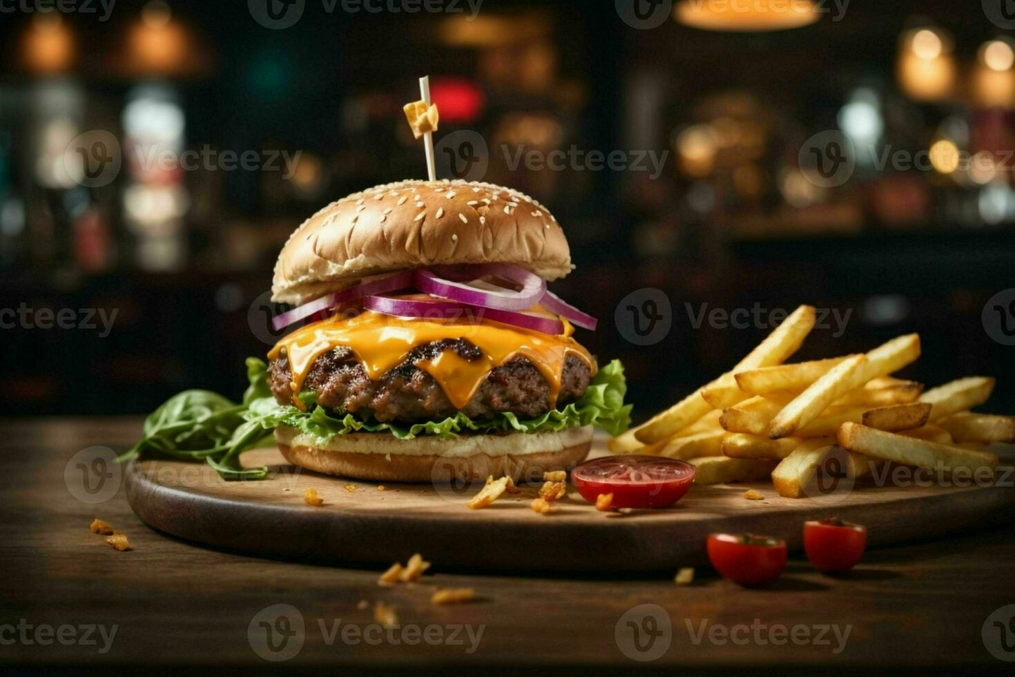 Burger with french friesh. AI Generative Pro Photo