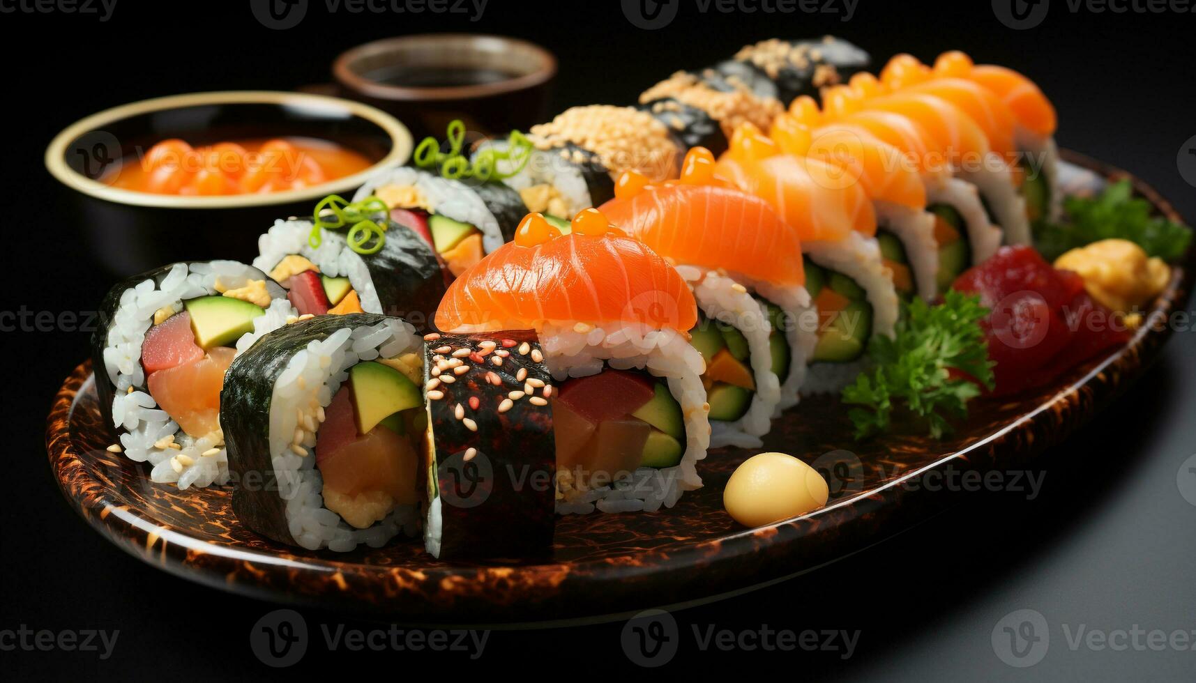 Freshness rolled up in a plate, maki sushi, seaweed, and fish generated by AI photo