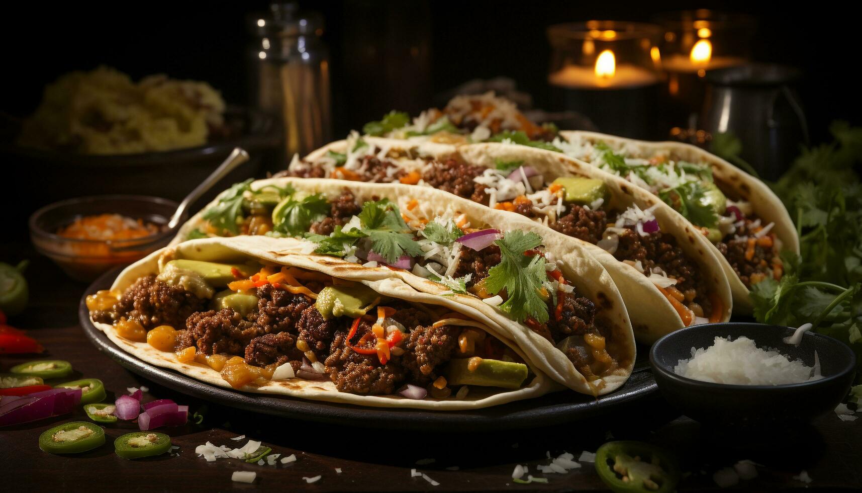 A delicious homemade taco with grilled beef, guacamole, and fresh cilantro generated by AI photo