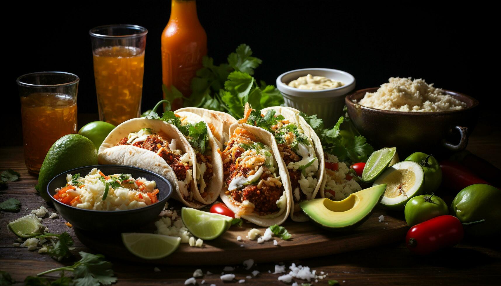 A fresh, grilled taco with guacamole, cilantro, and lime zest generated by AI photo