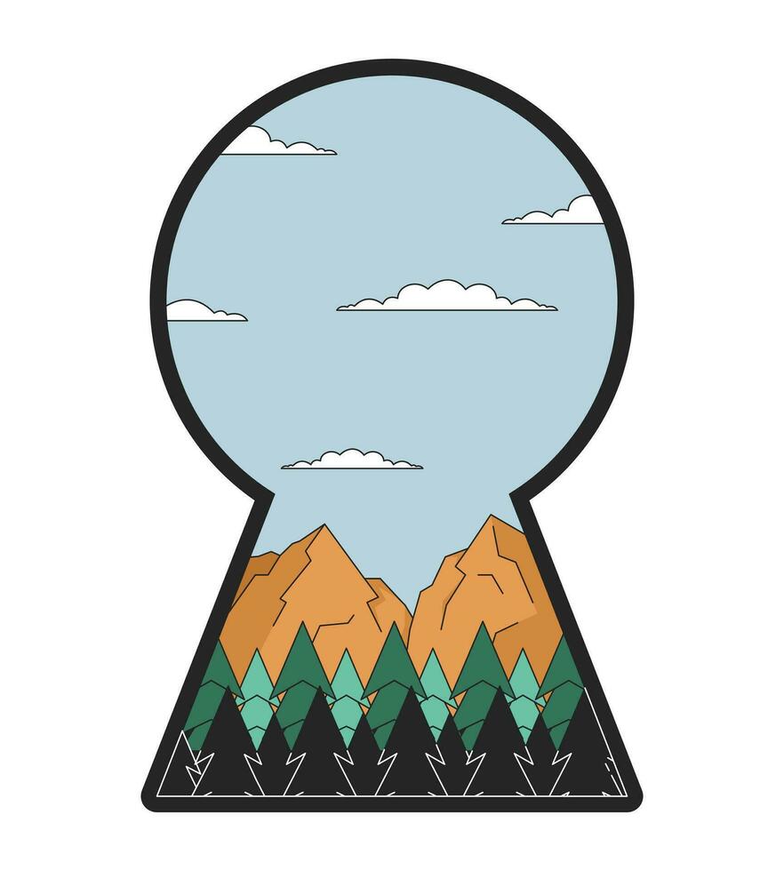 Peaceful mountains in keyhole shape 2D linear illustration concept. Mountainscape inside keyhole door cartoon scene isolated on white. Wanderlust access metaphor abstract flat vector outline graphic