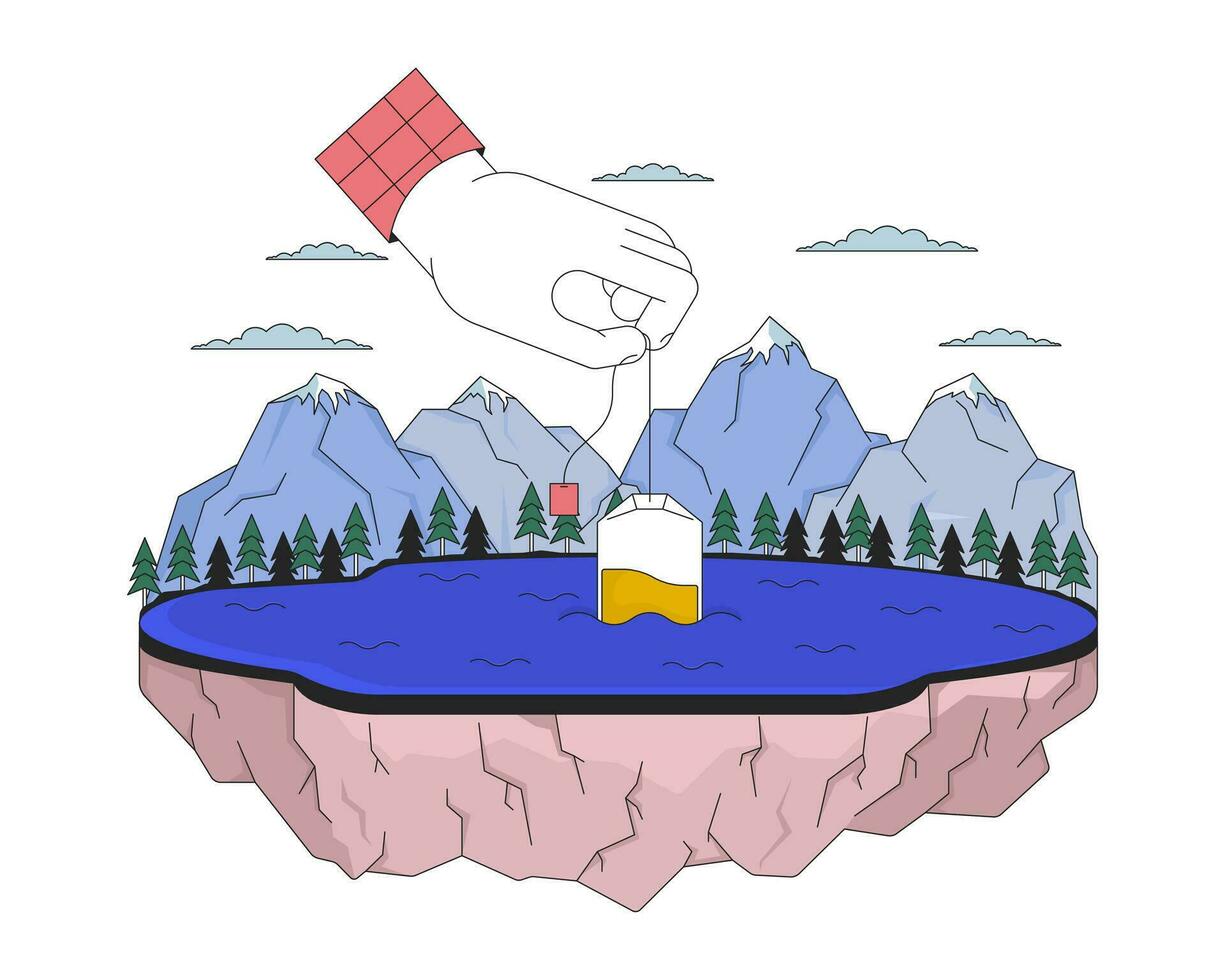 Steeping teabag into mountain lake 2D linear illustration concept. Surreal dunking tea bag in water cartoon scene isolated on white. Organic tea brewing metaphor abstract flat vector outline graphic