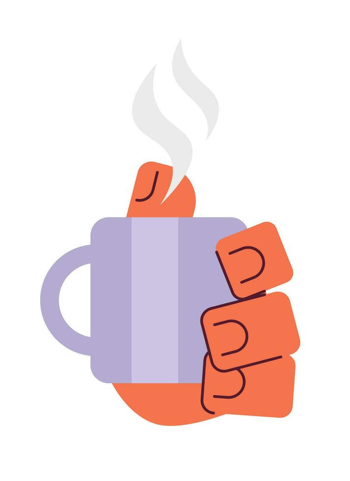 Holding cup with coffee hot drink cartoon character hand illustration. Morning beverage steamed 2D vector image isolated on white background. Steaming mug with tea editable flat clipart color