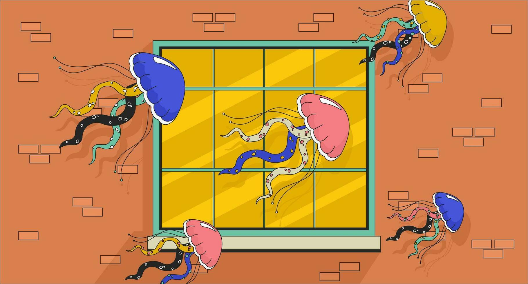 Medusa flotante ventana surrealista 2d lineal ilustración concepto. soñando surrealista dibujos animados escena antecedentes. jalea medusa por Departamento exterior metáfora resumen plano vector contorno gráfico