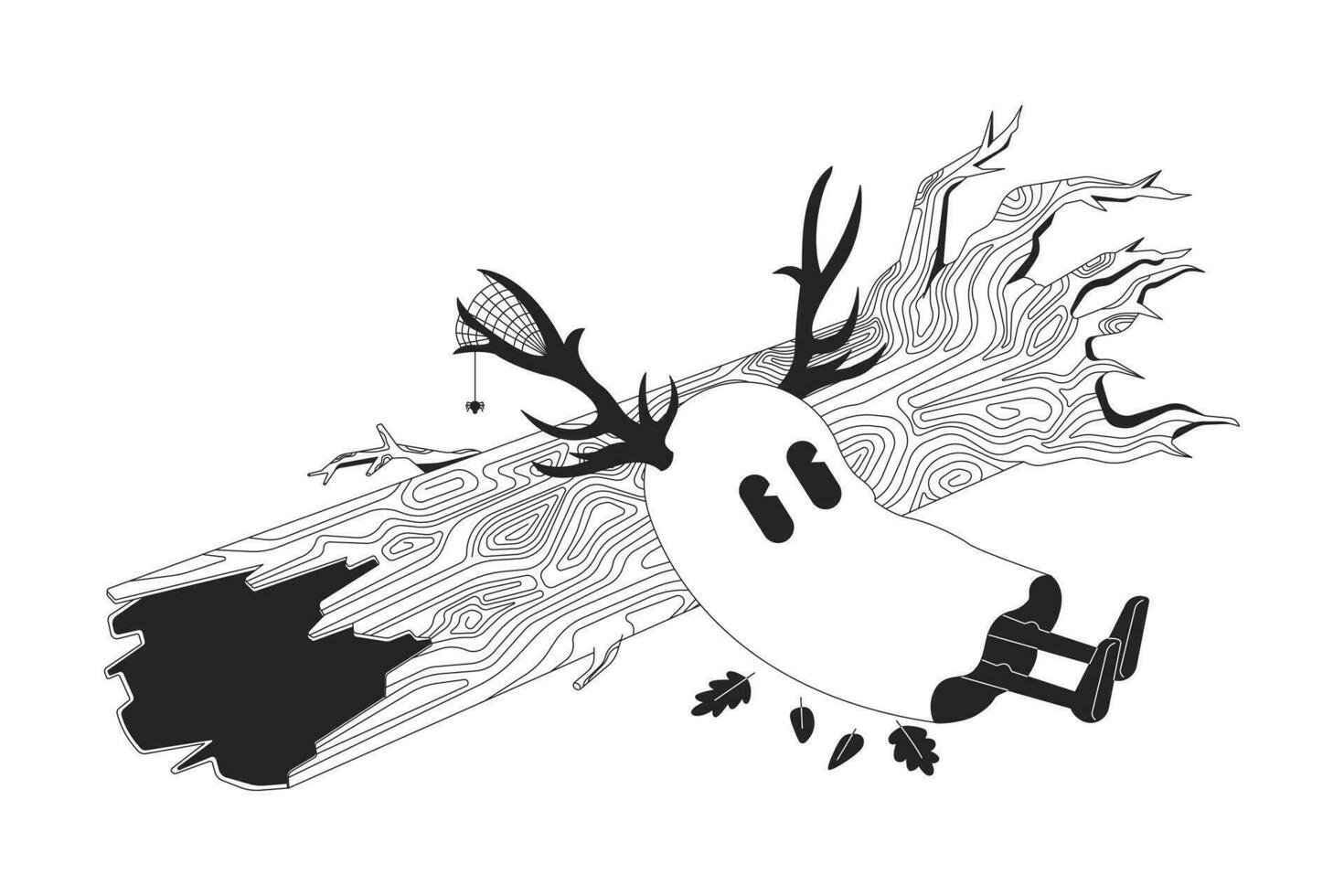 Depressed cute ghost lying on tree trunk black and white cartoon flat illustration. Melancholy sad spirit with elk antlers 2D lineart character isolated. Autumnal monochrome scene vector outline image