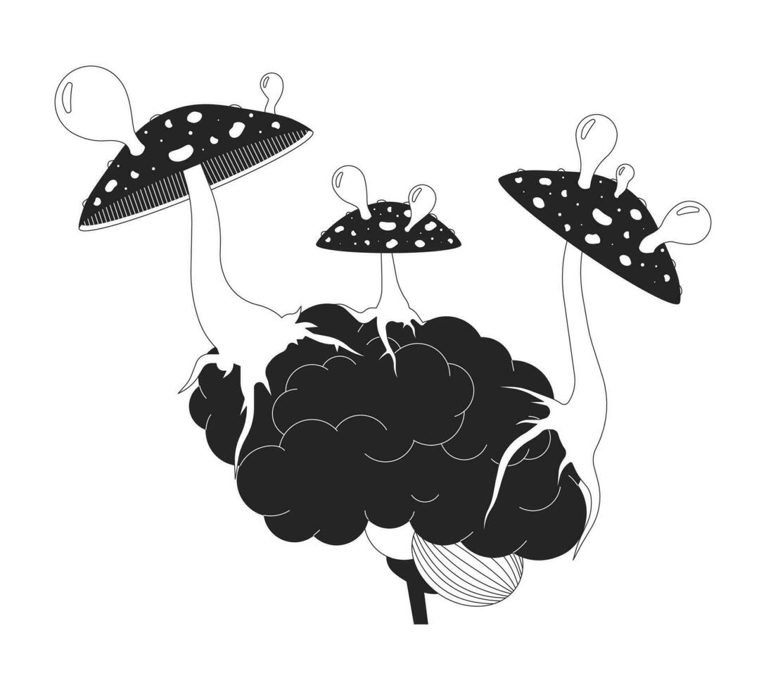 Hallucinogenic parasitic fungi growing on brain black and white 2D illustration concept. Fungus amanita muscaria affecting mind cartoon outline object isolated on white. Metaphor monochrome vector art