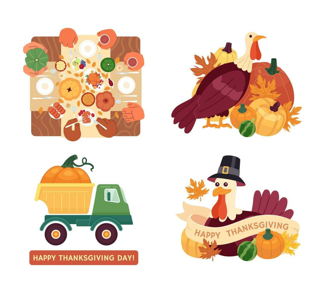 Happy thanksgiving day 2D illustration concepts set. Family dinner, pumpkin truck isolated cartoon scenes, white background. Thanksgiving turkey metaphors abstract flat vector graphic collection