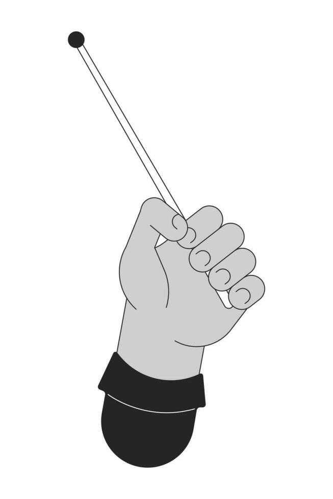 Left hand holding drum stick cartoon human hand outline illustration. Tool for beating drum 2D isolated black and white vector image. Rhythm beat, percussion flat monochromatic drawing clip art