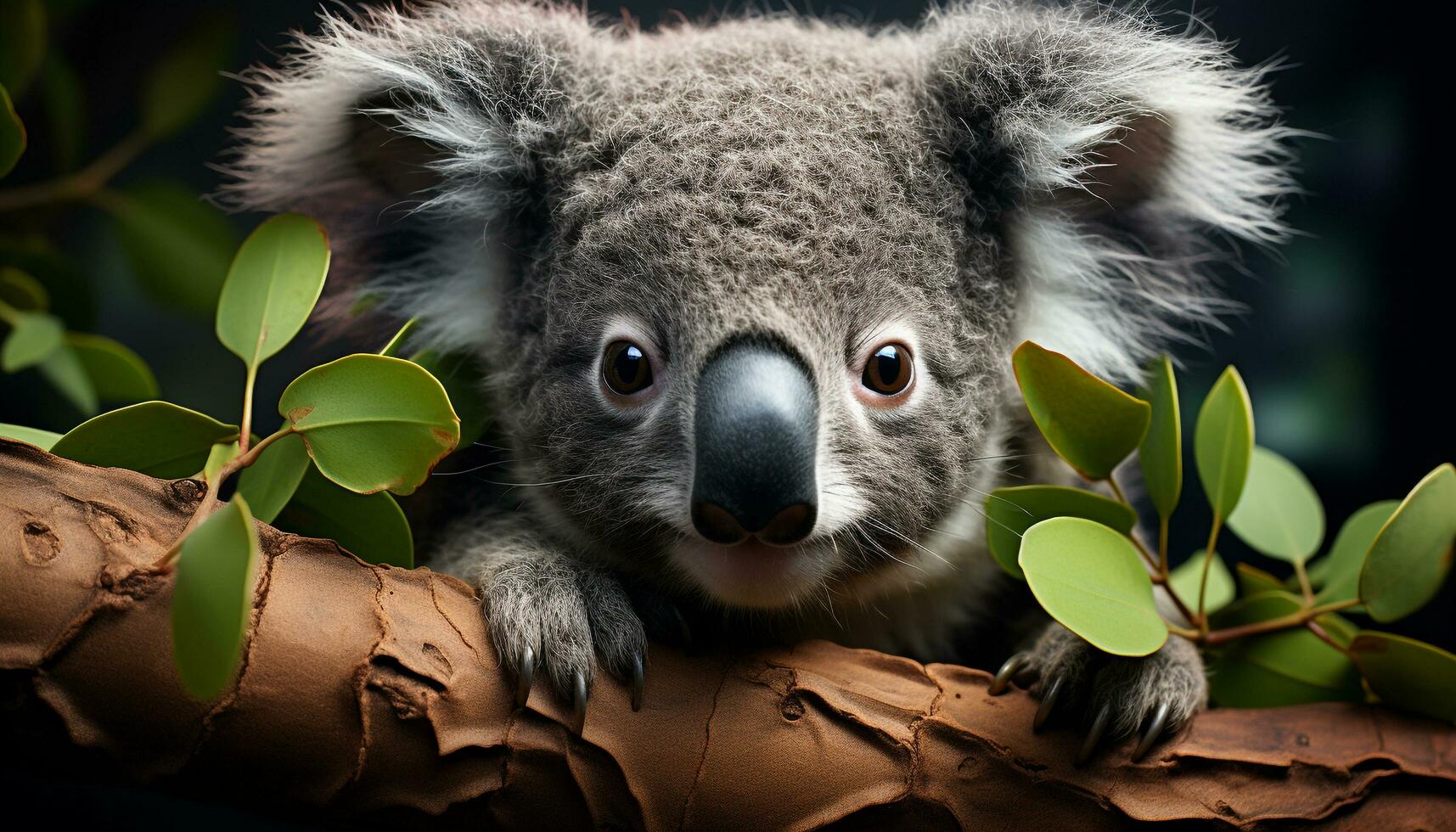 Cute koala, small marsupial, looking at camera, sitting on branch generated by AI photo