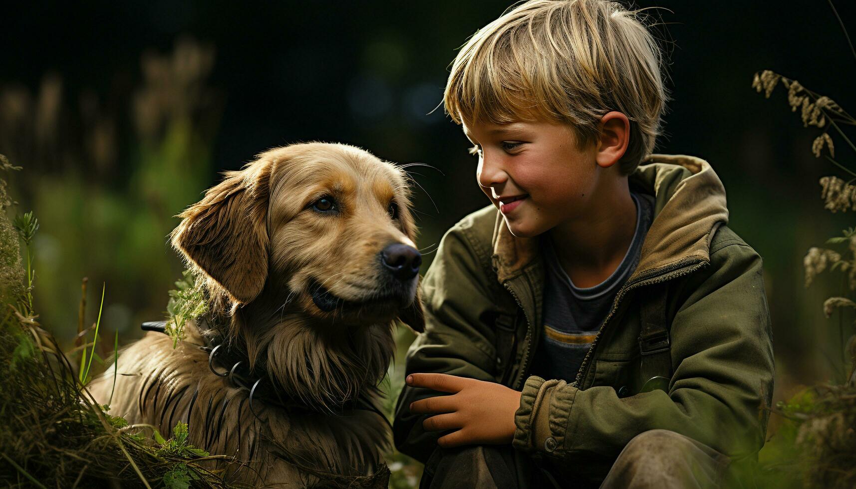 A cheerful child playing with a cute dog in nature generated by AI photo