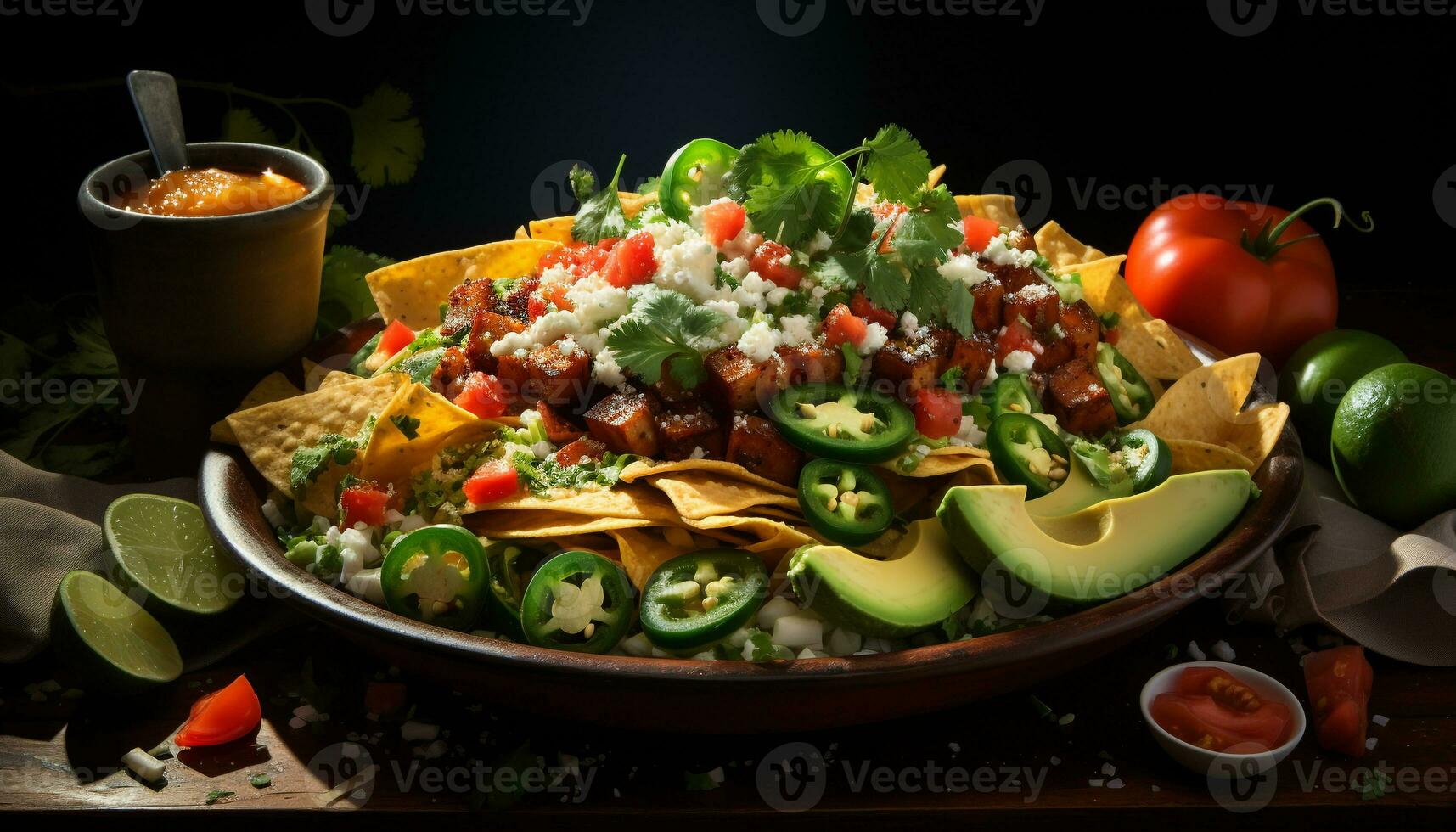 Freshness on a plate tomato, avocado, cilantro, tortilla chip, grilled meat generated by AI photo