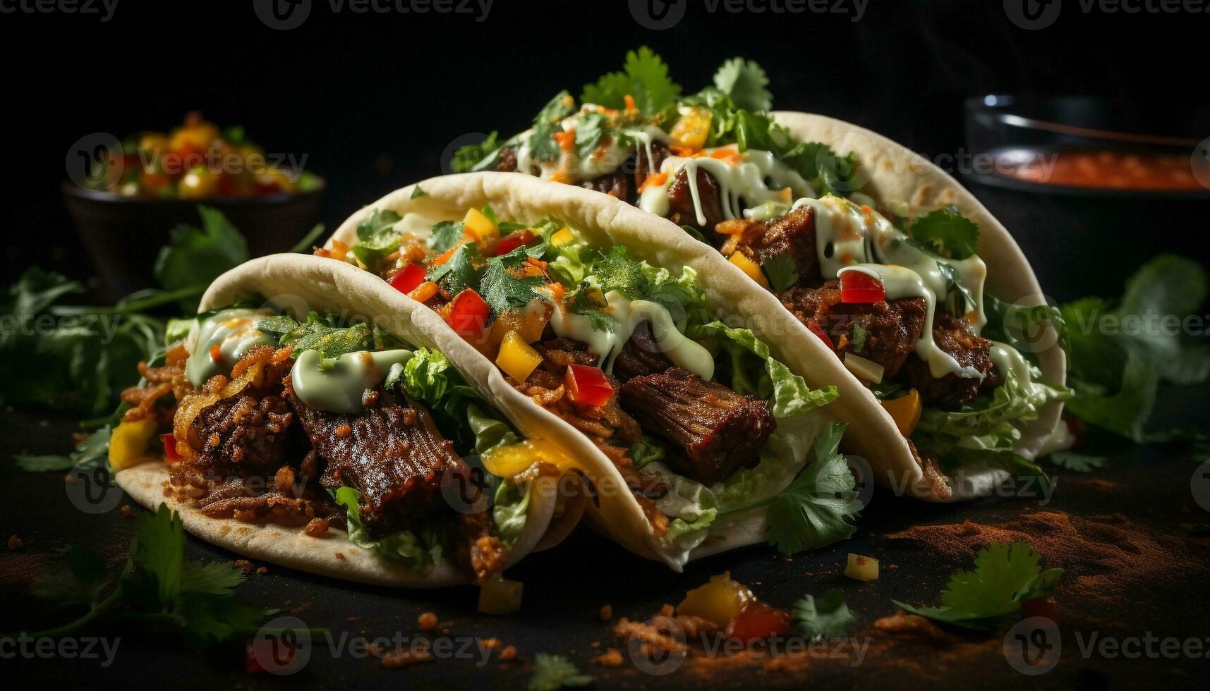 A la parrilla carne de vaca taco con Fresco tomate, guacamole, y cilantro ensalada generado por ai foto