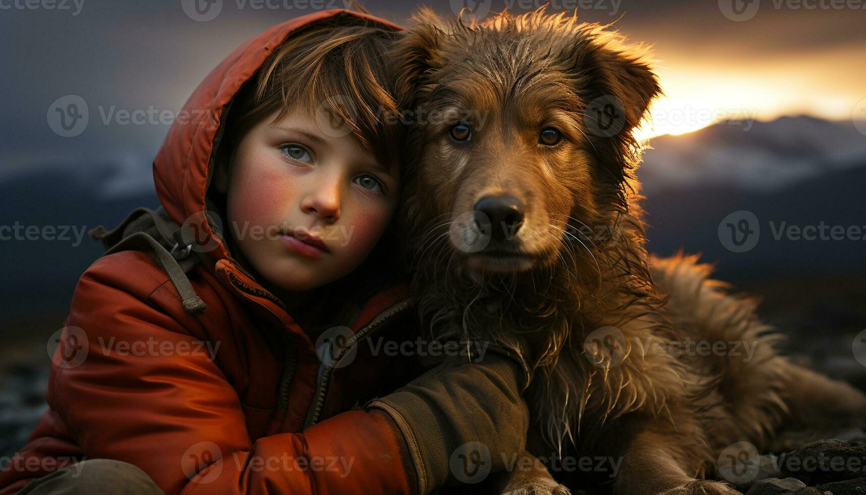 Cute child and dog sitting, smiling, embracing, playing in nature generated by AI photo