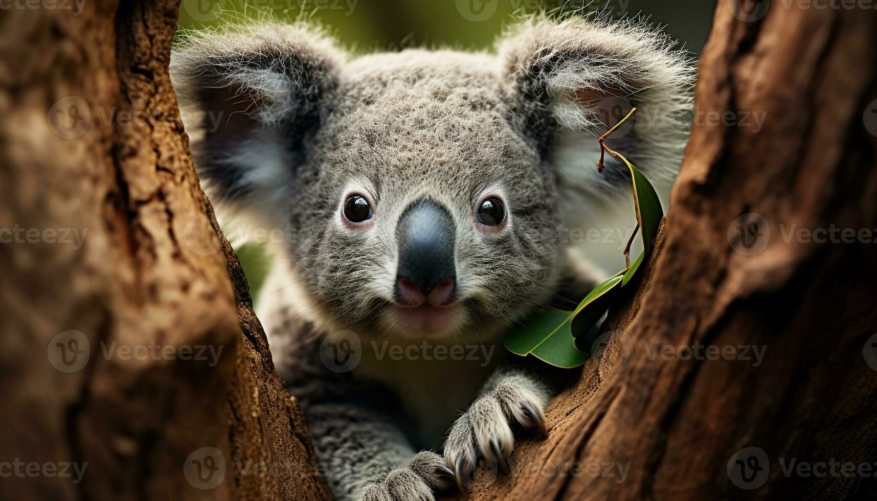 Cute koala sitting on eucalyptus tree, looking at camera generated by AI photo