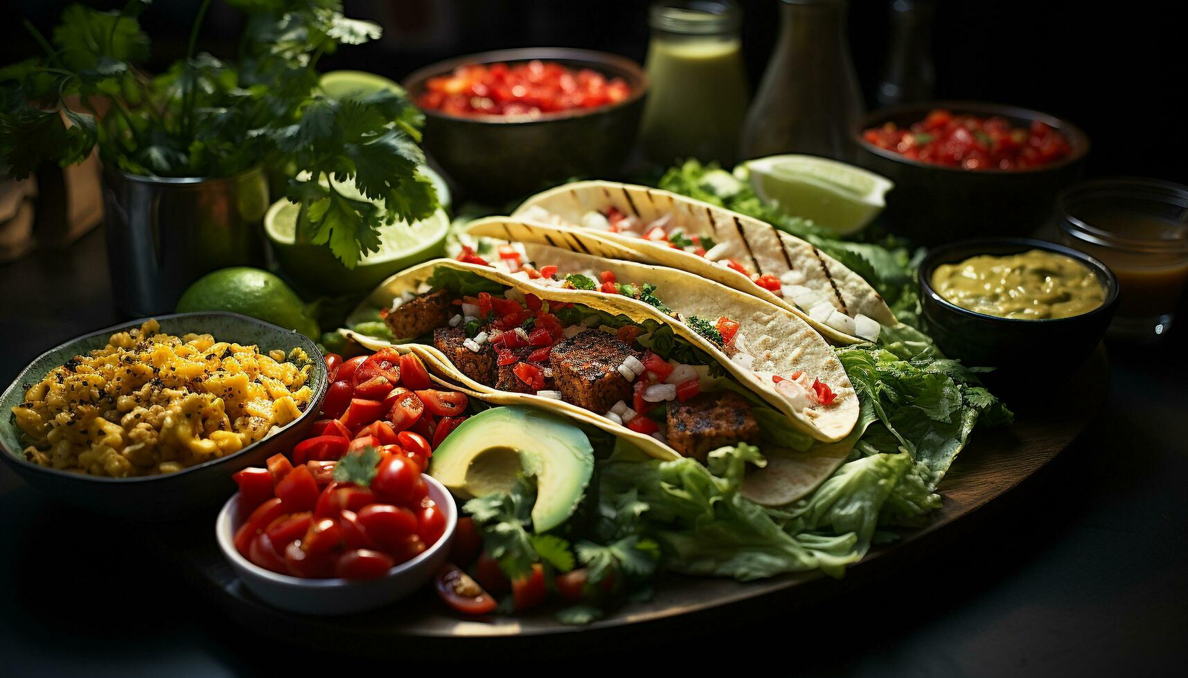 Freshness on a plate Guacamole, taco, tomato, meat, cilantro, vegetable, tortilla generated by AI photo