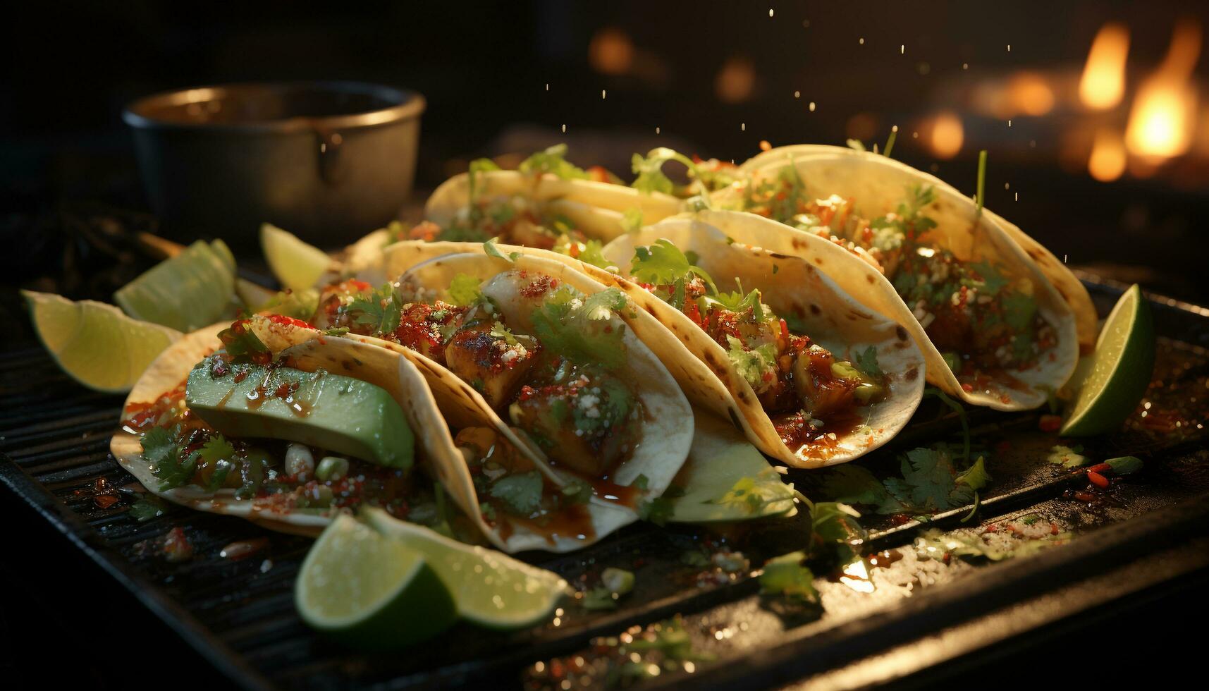 A gourmet Mexican meal grilled beef, fresh guacamole, and spicy salsa generated by AI photo