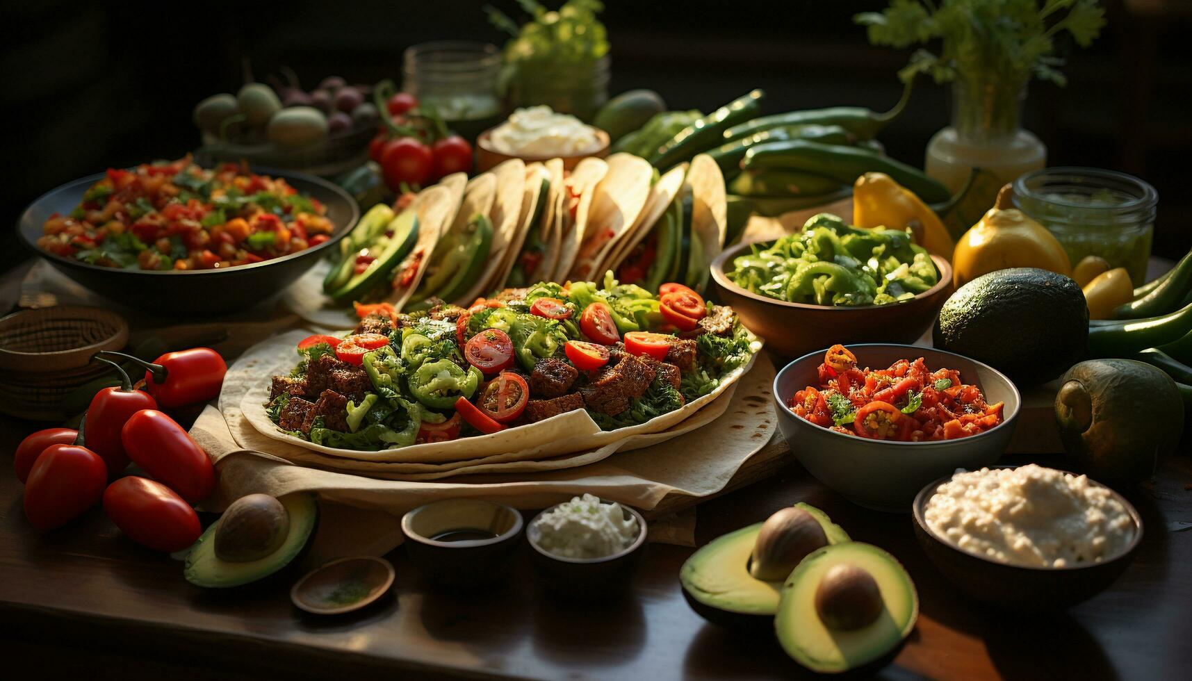 Fresh avocado, tomato, and cilantro create a healthy, gourmet Mexican salad generated by AI photo