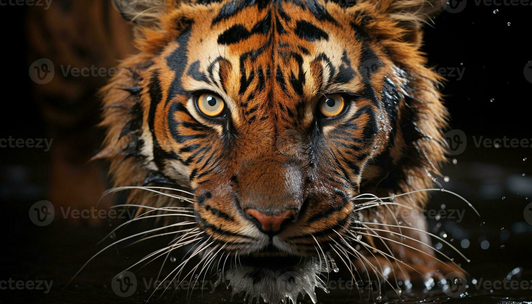 Majestic tiger, undomesticated cat, staring with aggression, beauty in nature generated by AI photo