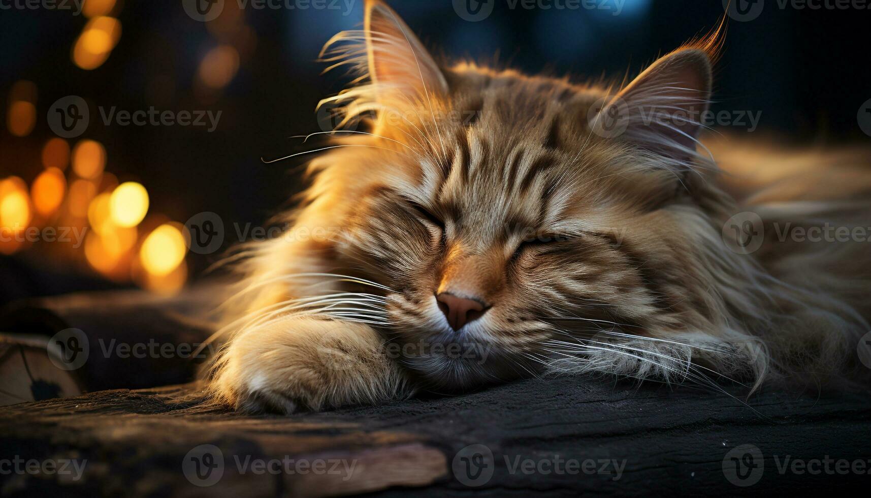 Cute kitten sleeping, fluffy fur, striped, eyes closed, peaceful relaxation generated by AI photo