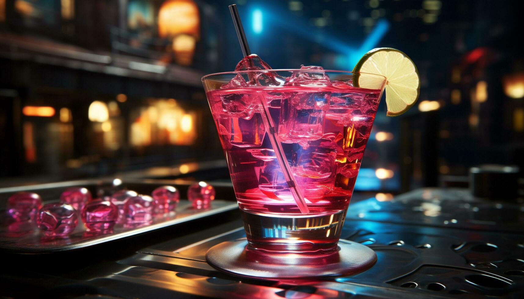 Refreshing cocktail, vibrant nightlife, illuminated bar, summer celebration, citrus slice generated by AI photo