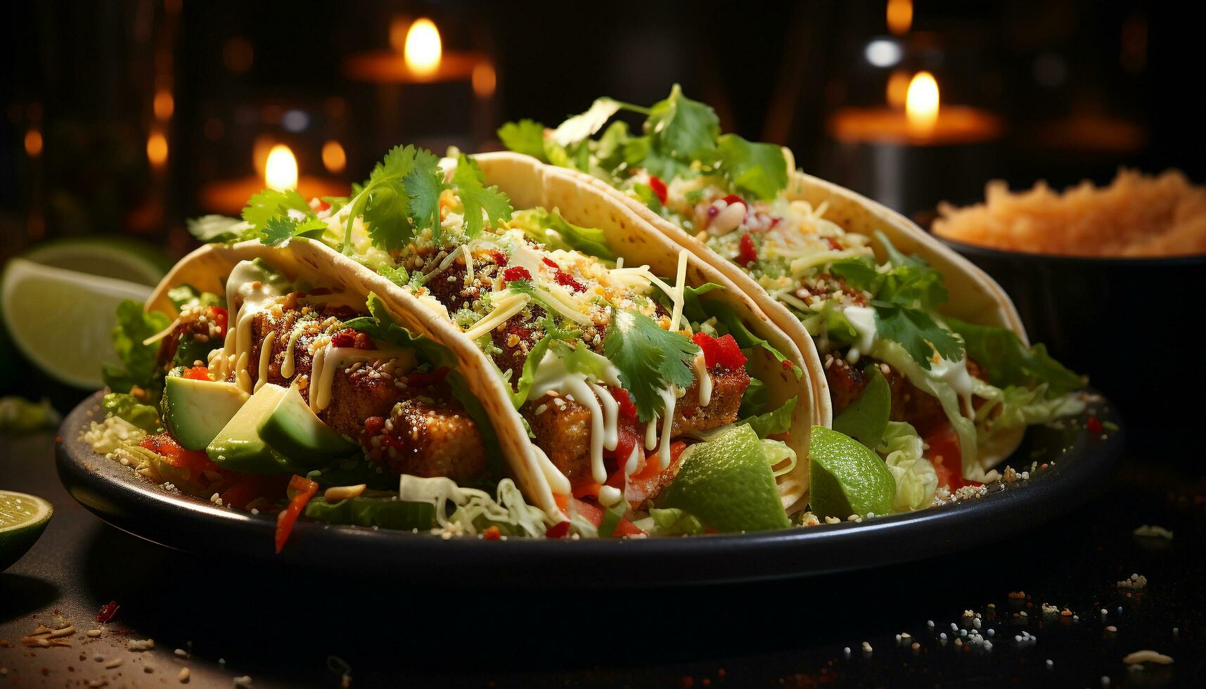 Freshness on a plate guacamole, taco, meat, vegetable, salad, tomato, gourmet, cilantro generated by AI photo