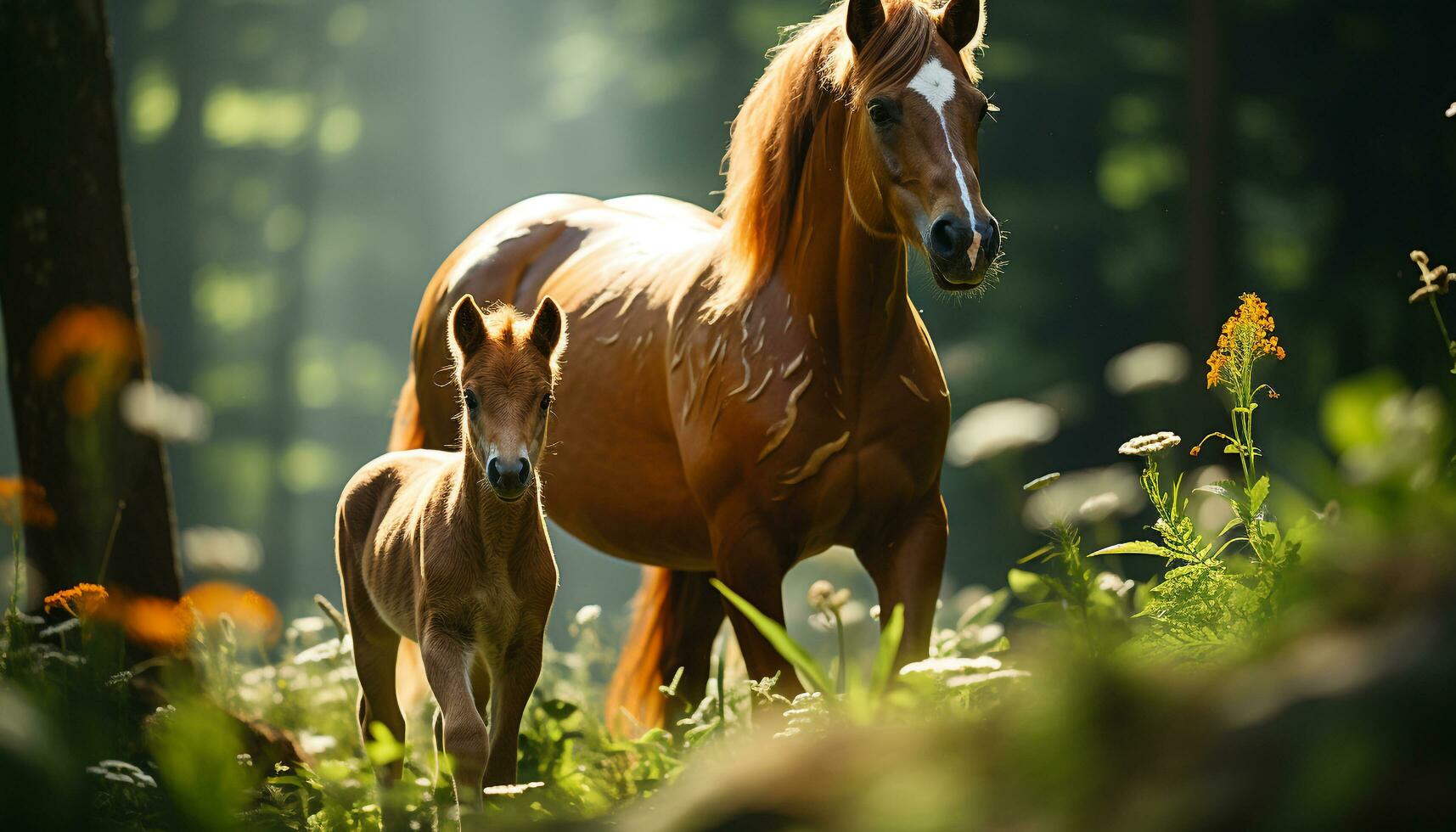 A beautiful mare grazes in a green meadow under the sun generated by AI photo
