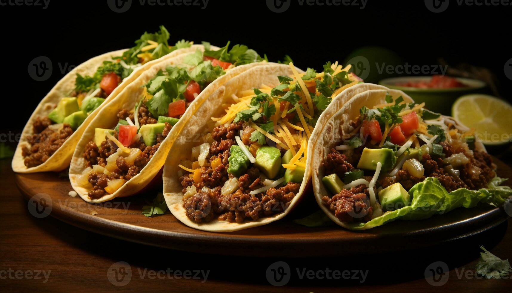 Grilled beef taco on flatbread, topped with guacamole and cilantro generated by AI photo