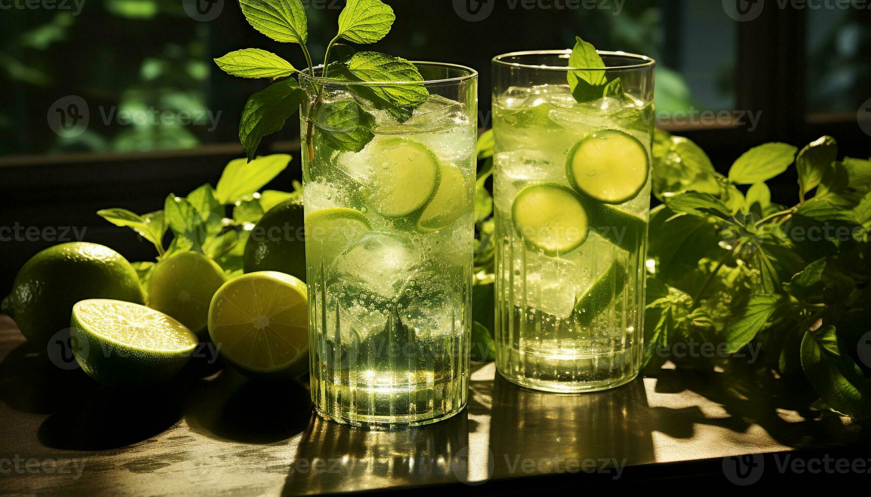 Refreshing cocktail with lime, lemon, mint, and ice on wooden table generated by AI photo