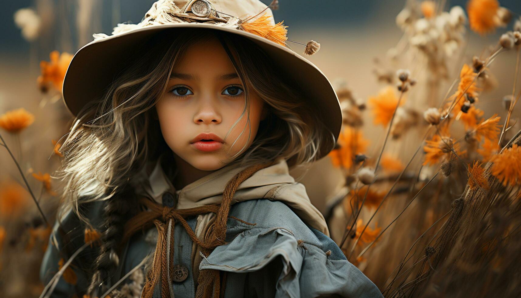 sonriente niña en otoño bosque, linda belleza mirando a cámara generado por ai foto