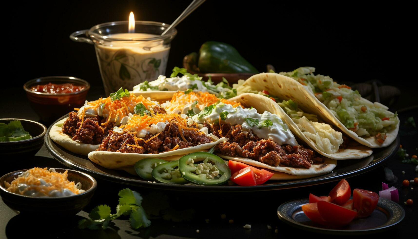 Grilled meat, fresh tomato, cilantro, guacamole on tortilla, savory meal generated by AI photo