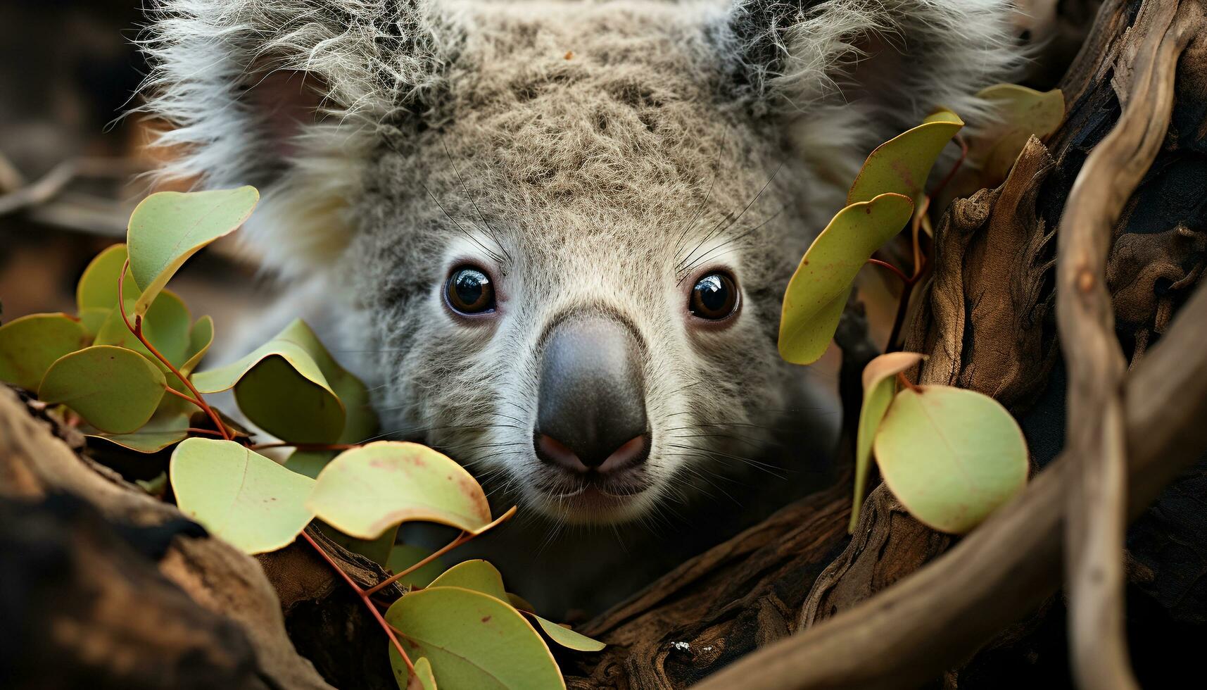 Cute koala sitting on a tree, looking at the camera generated by AI photo
