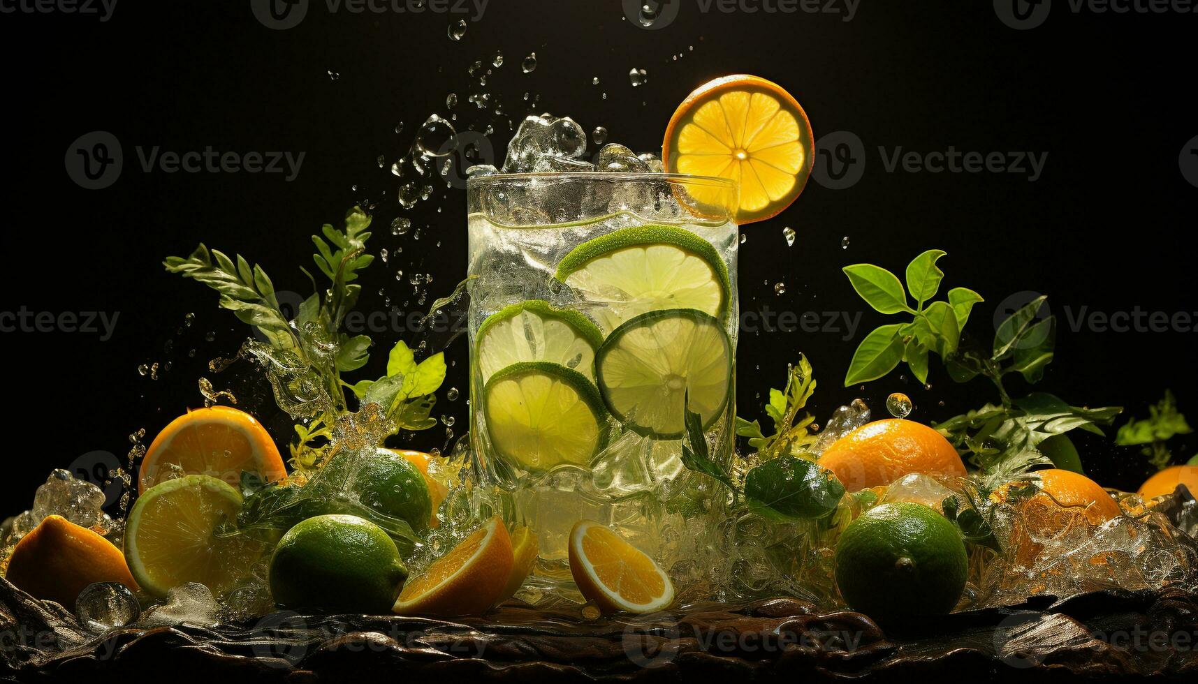 Refreshing citrus cocktail with ice, lemon slice, and mint leaf generated by AI photo