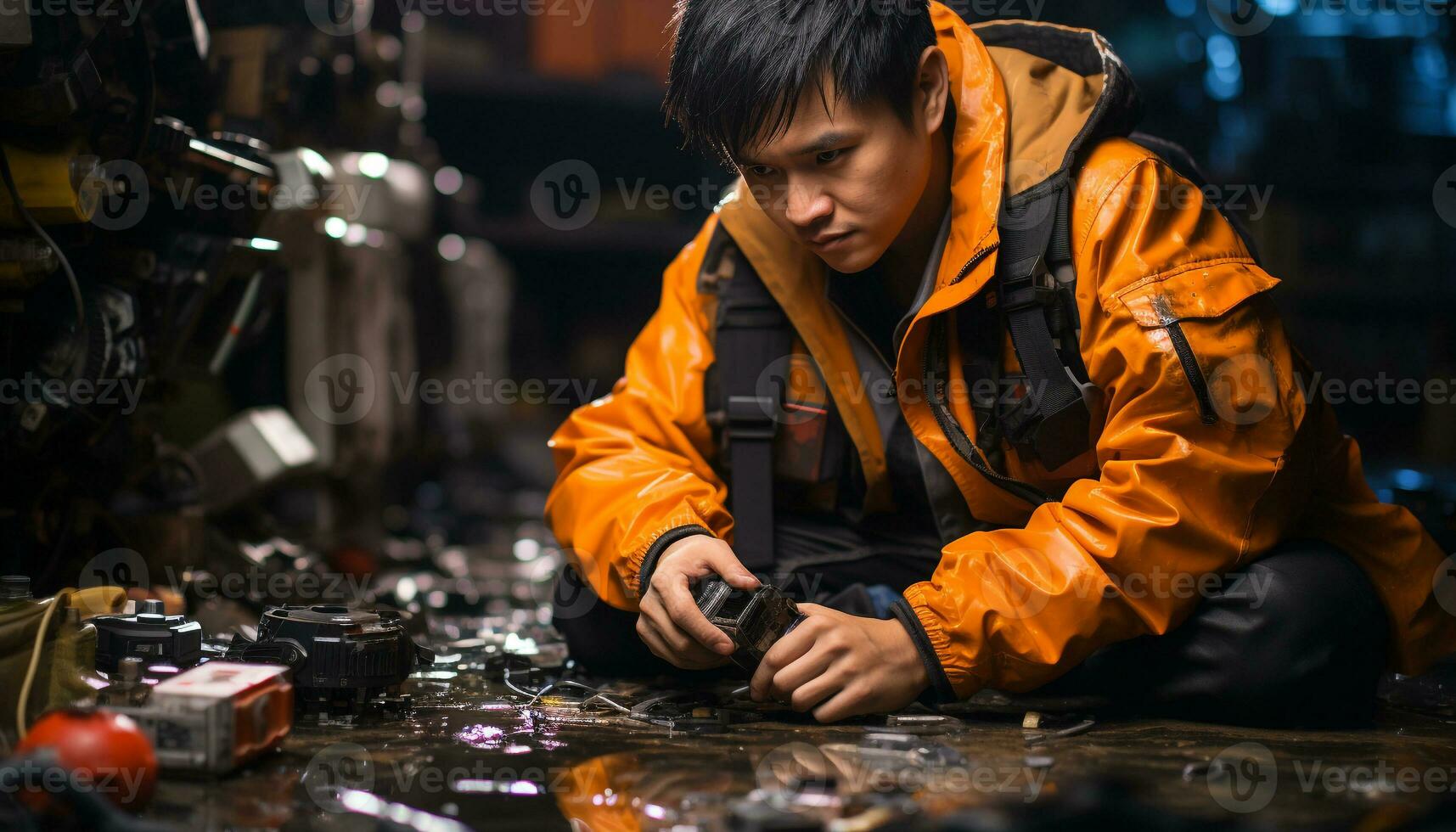 A skilled mechanic repairing machinery in a dark workshop generated by AI photo