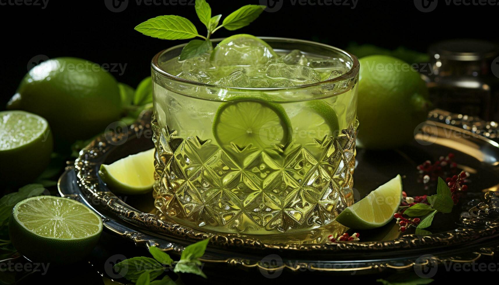 Refreshing lime cocktail with citrus fruit, mint leaf, and ice generated by AI photo