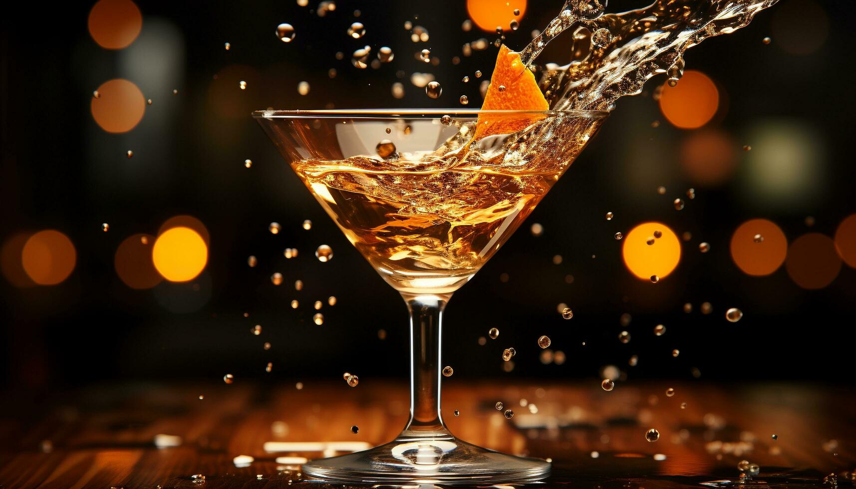 A sparkling cocktail glass reflects the glowing night, pouring elegance generated by AI photo
